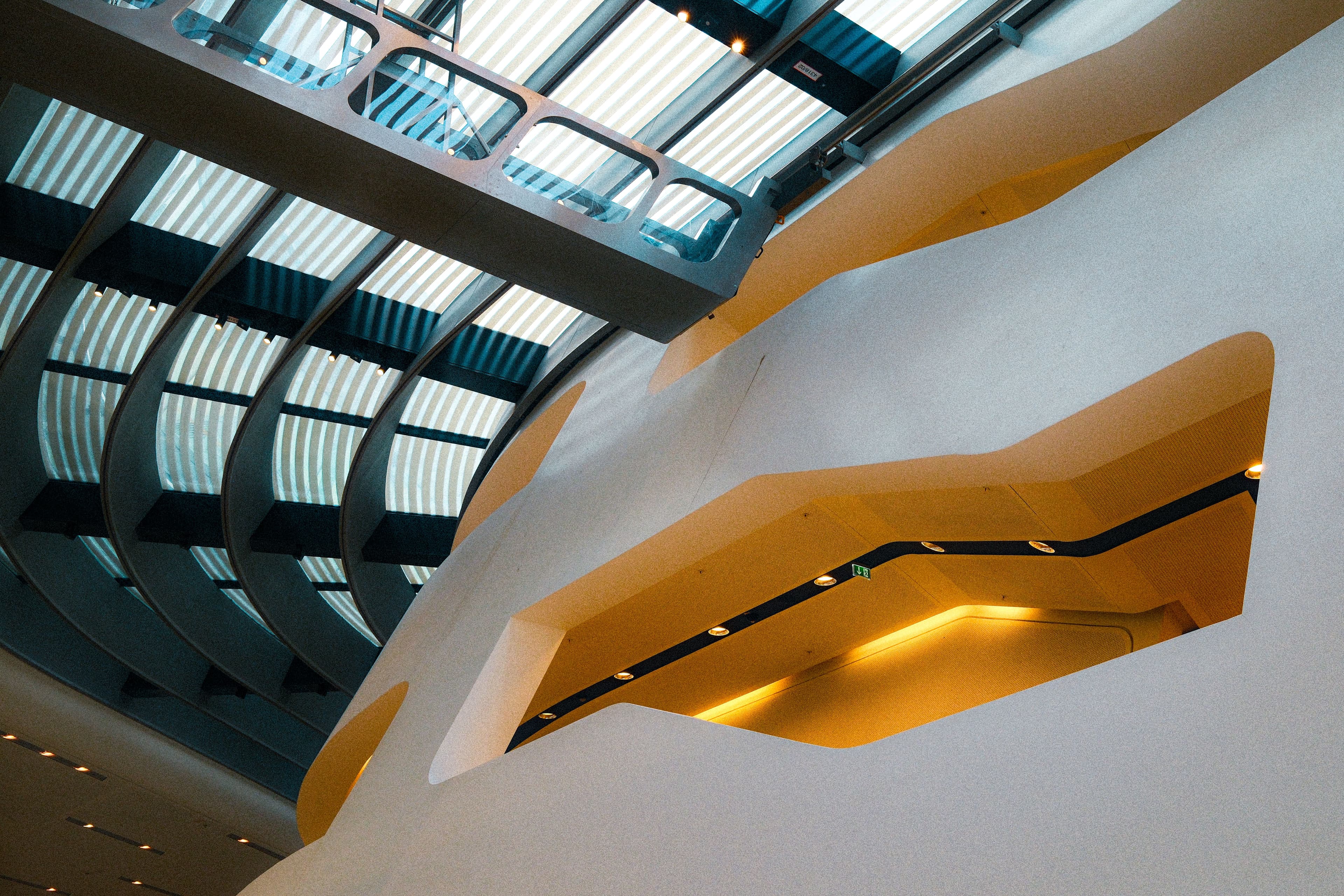 Sculptural interior atrium ceiling with curved surfaces and ambient lighting